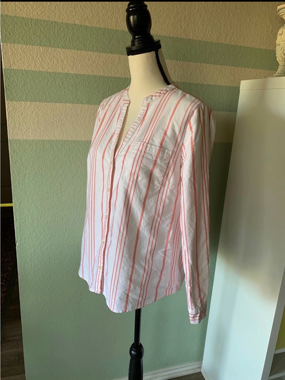 J. Crew Coral White Cotton Striped Button Down Tunic Style Blouse Women’s M